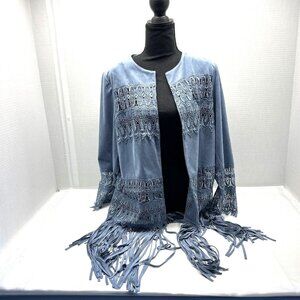 Chico's Faux Suede Lt Blue Fringe Lace Open Jacket Boho Hippy Cowgirl Sz 1 Small